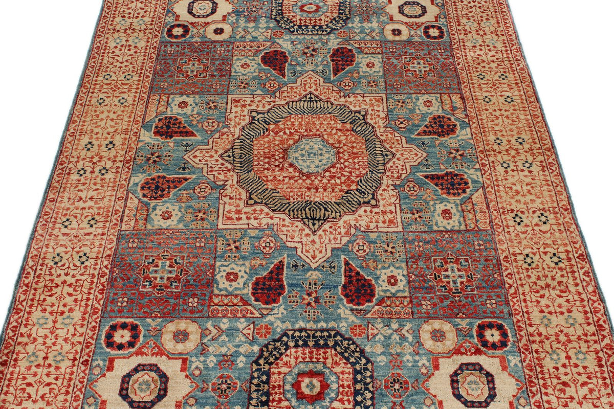 4x6 Blue and Ivory Turkish Tribal Rug