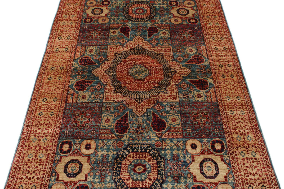 4x6 Blue and Ivory Turkish Tribal Rug