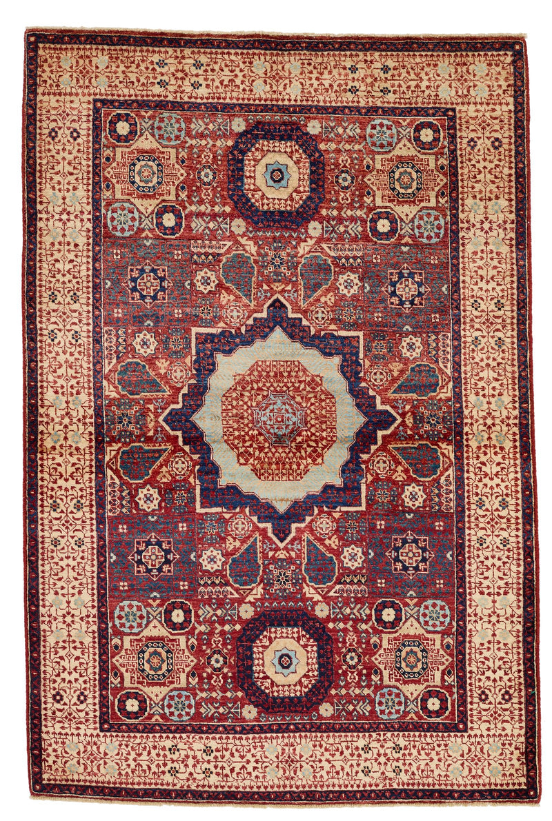 4x6 Burgundy and Ivory Turkish Tribal Rug