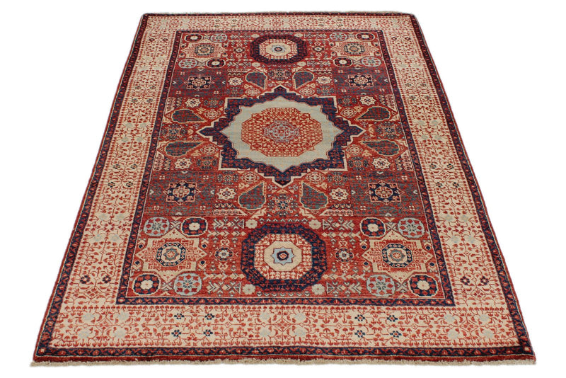 4x6 Burgundy and Ivory Turkish Tribal Rug