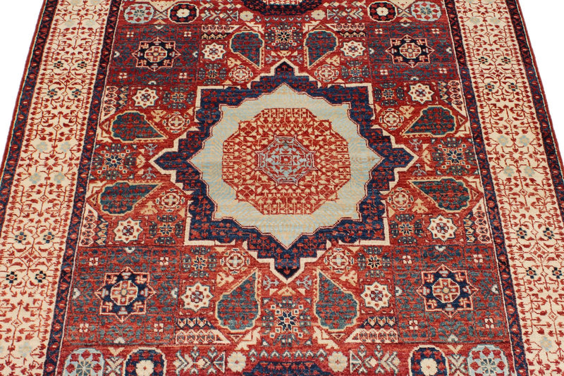 4x6 Burgundy and Ivory Turkish Tribal Rug