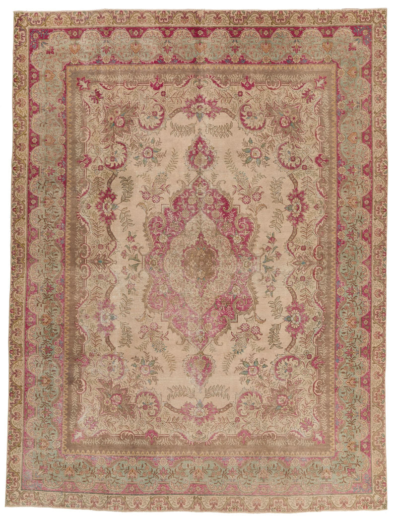 10x13 Beige and Magenta Anatolian Turkish Tribal Rug