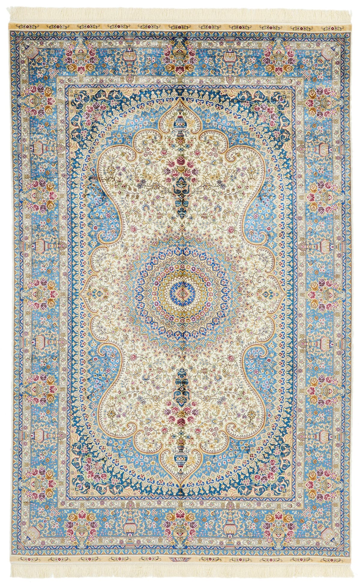 5x8 Beige and Blue Turkish Silk Rug