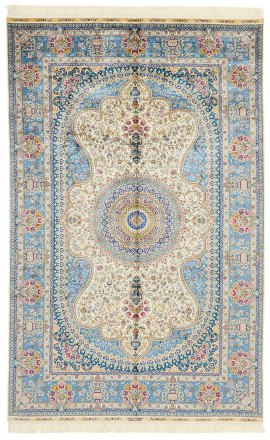 5x8 Beige and Blue Turkish Silk Rug