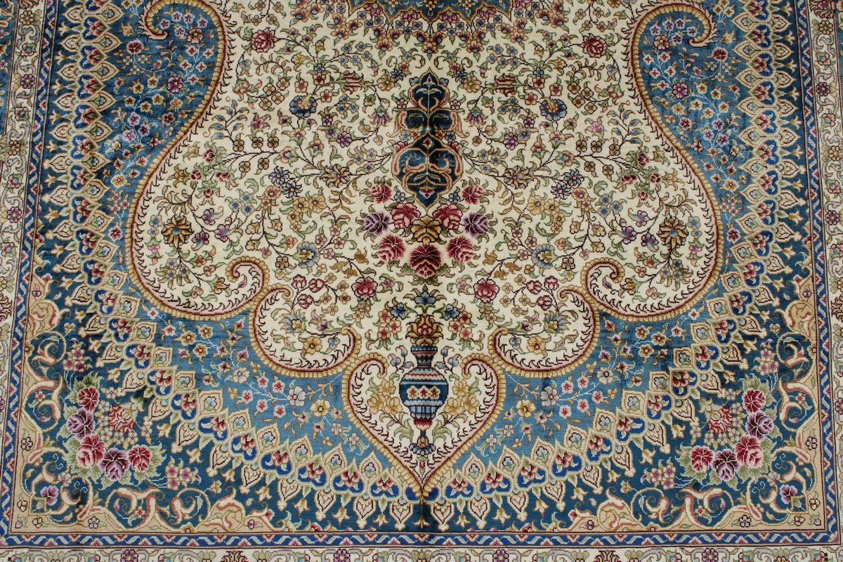 5x8 Beige and Blue Turkish Silk Rug