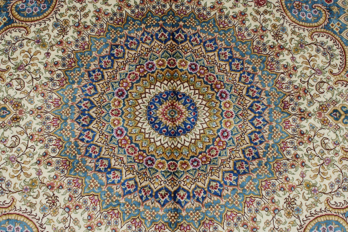 5x8 Beige and Blue Turkish Silk Rug