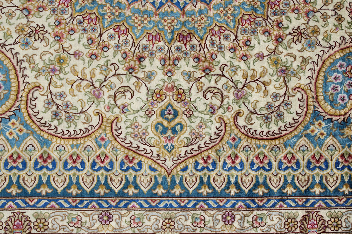 5x8 Beige and Blue Turkish Silk Rug