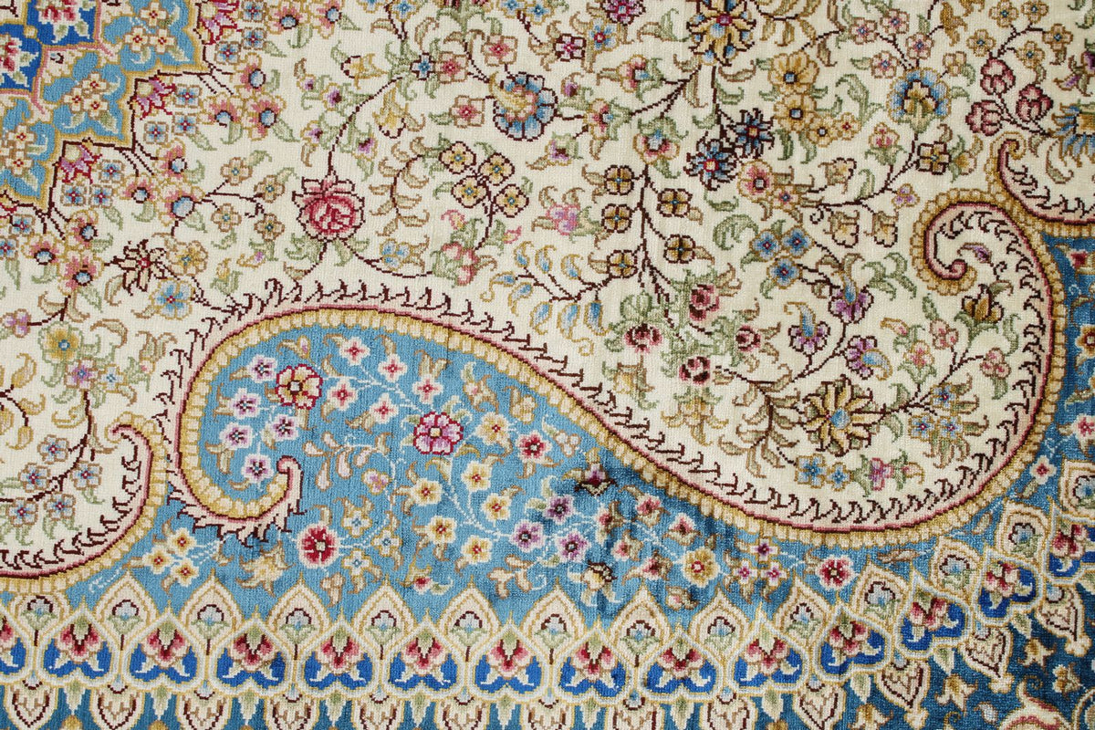5x8 Beige and Blue Turkish Silk Rug