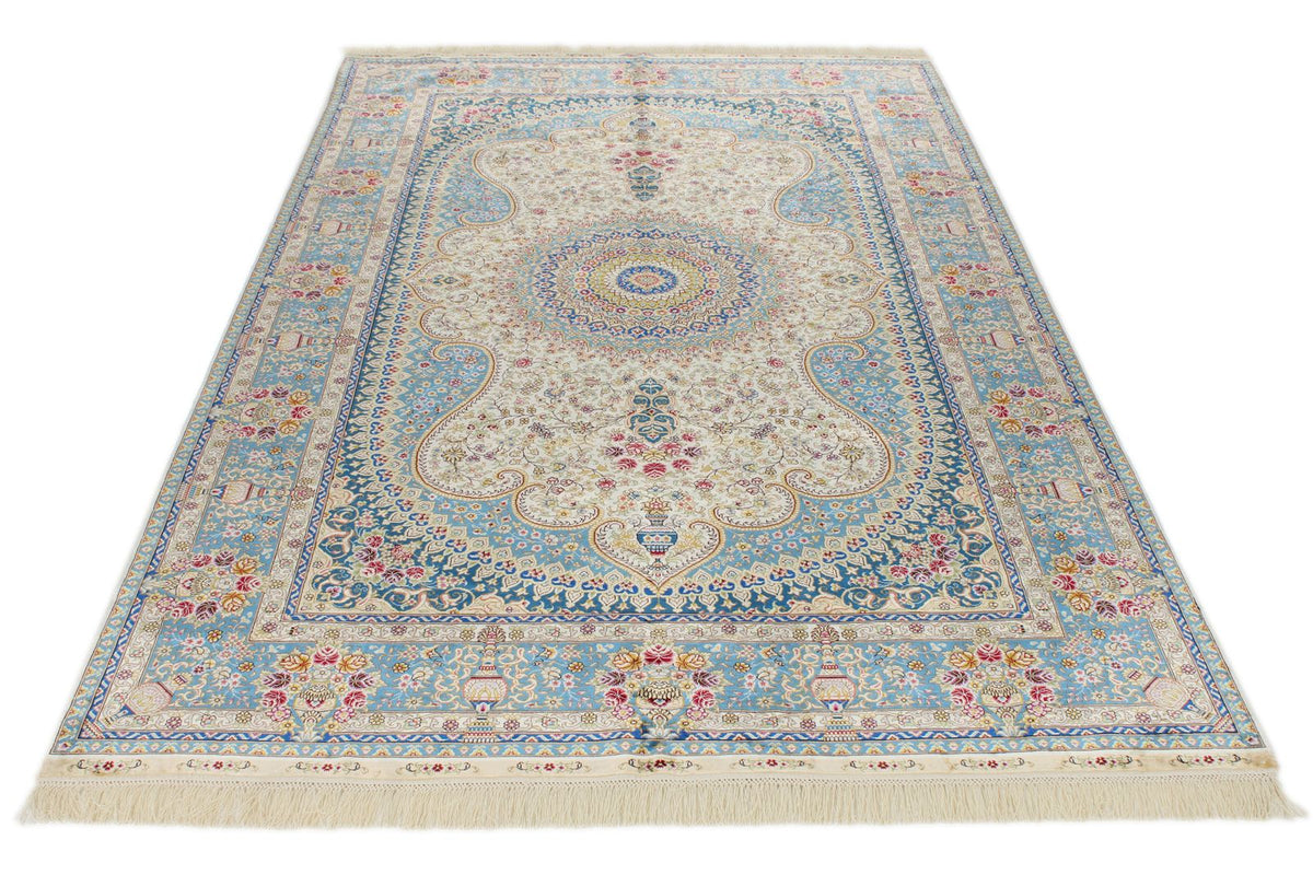 5x8 Beige and Blue Turkish Silk Rug