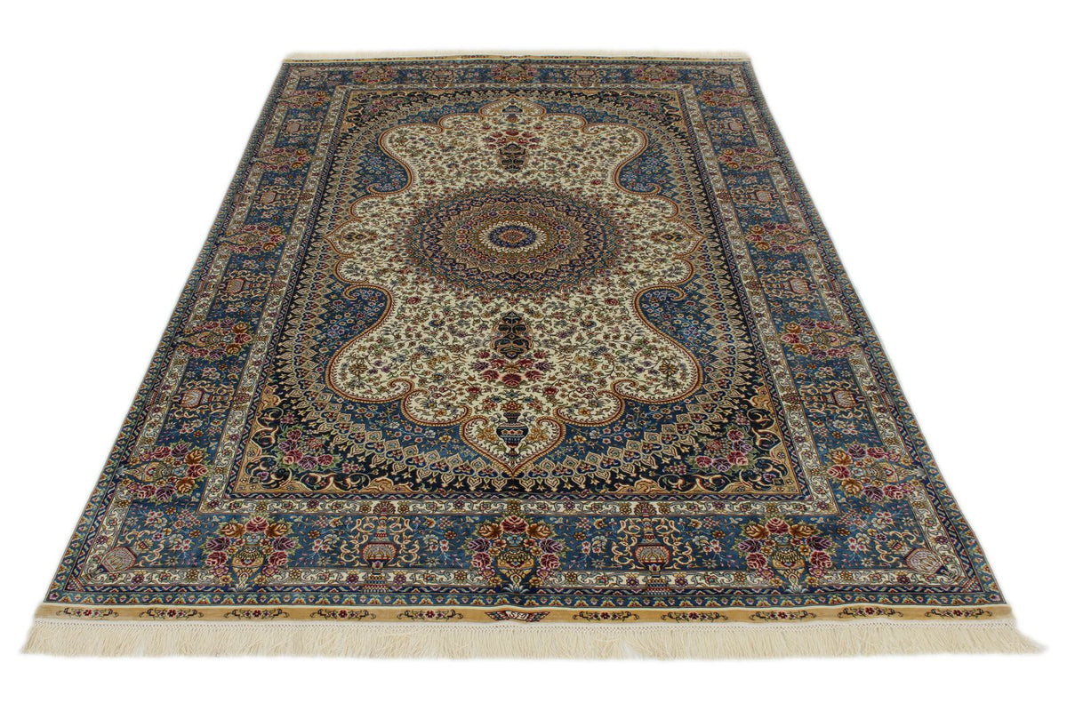5x8 Beige and Blue Turkish Silk Rug