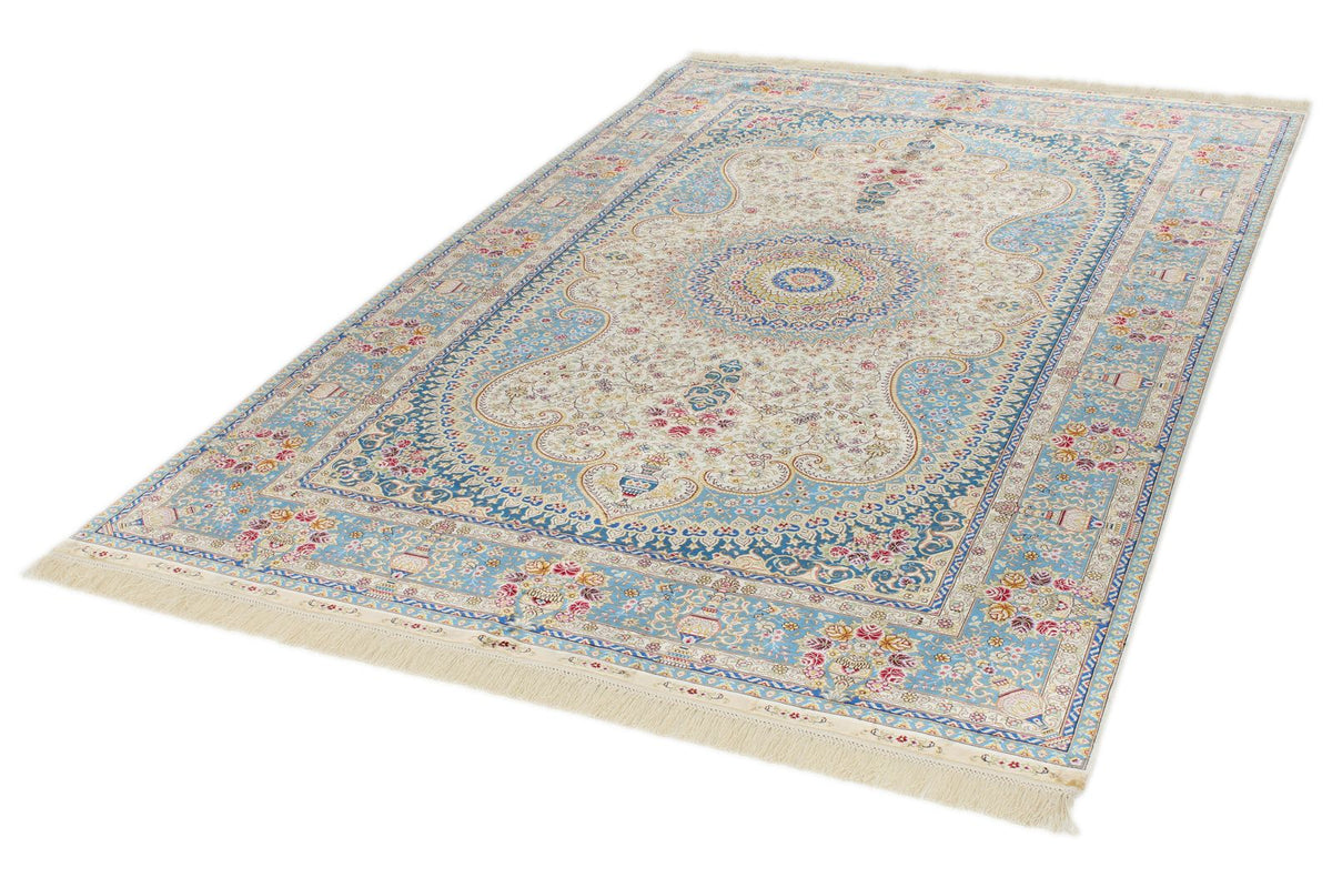 5x8 Beige and Blue Turkish Silk Rug