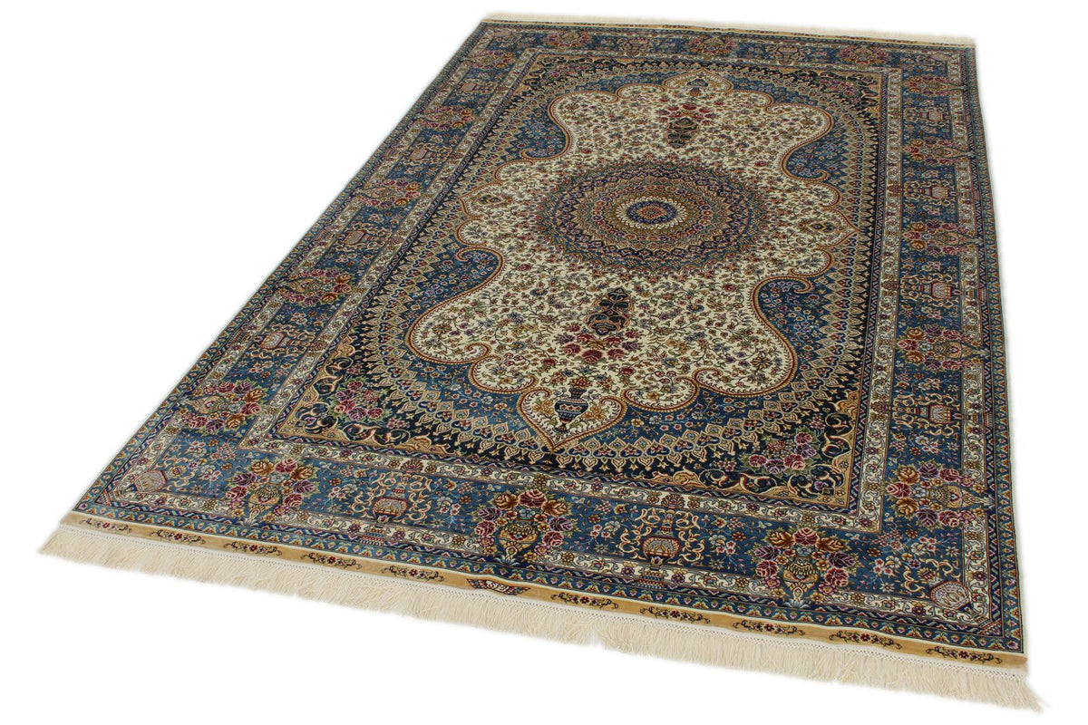 5x8 Beige and Blue Turkish Silk Rug