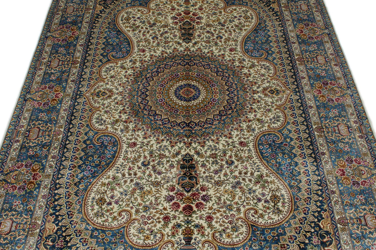 5x8 Beige and Blue Turkish Silk Rug