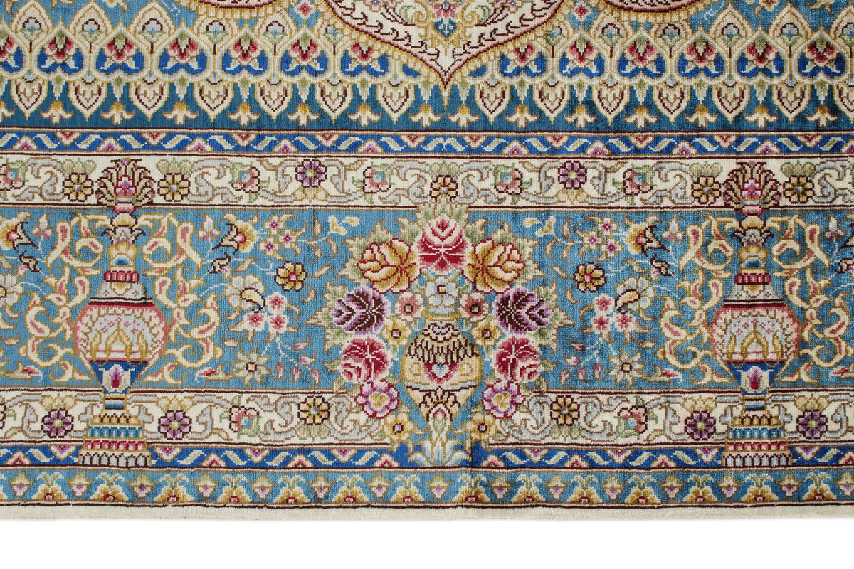 5x8 Beige and Blue Turkish Silk Rug