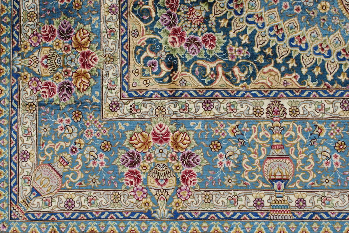 5x8 Beige and Blue Turkish Silk Rug