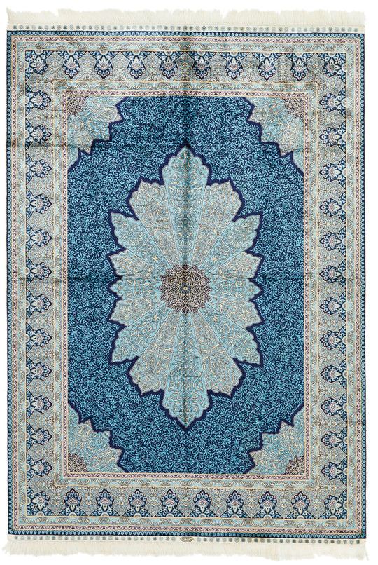 5x7 Navy and Blue Turkish Silk Rug