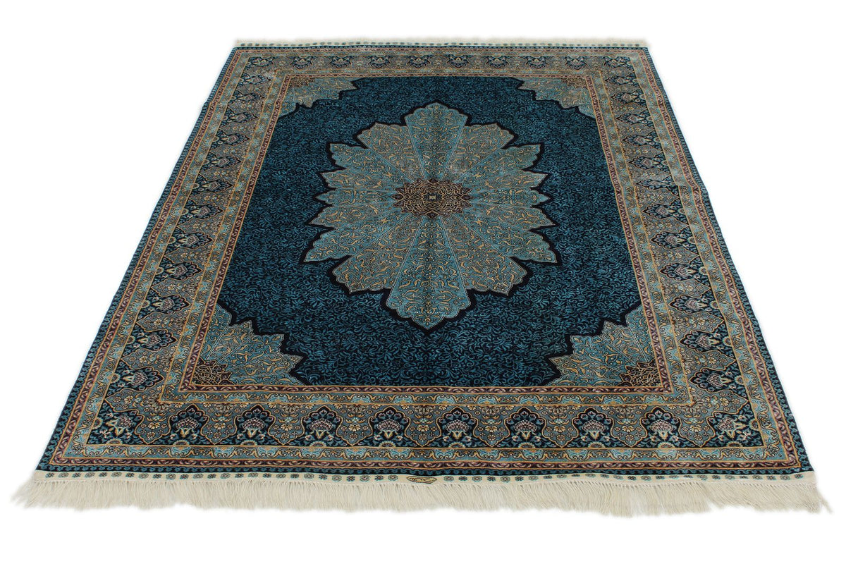 5x7 Navy and Blue Turkish Silk Rug
