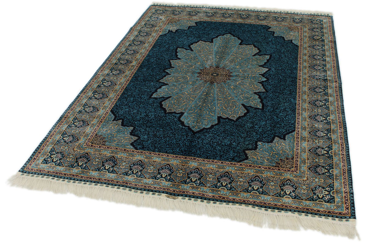 5x7 Navy and Blue Turkish Silk Rug