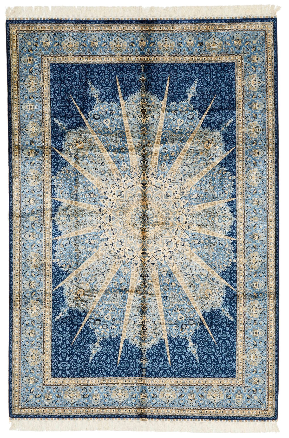 6x9 Beige and Blue Turkish Silk Rug