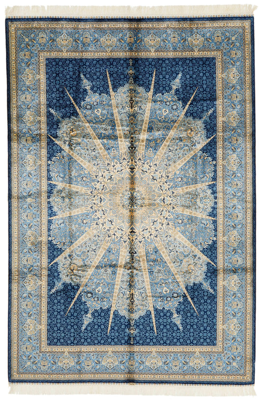 6x9 Beige and Blue Turkish Silk Rug