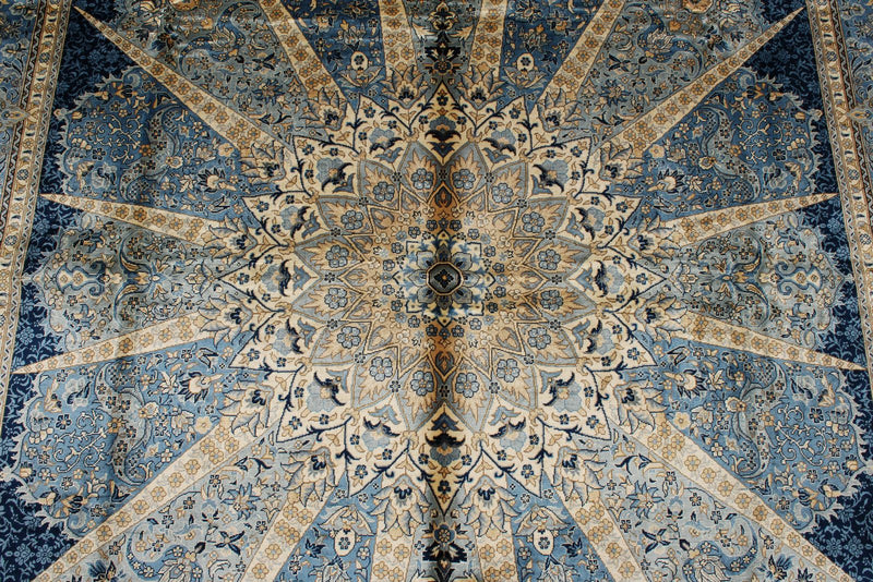 6x9 Beige and Blue Turkish Silk Rug