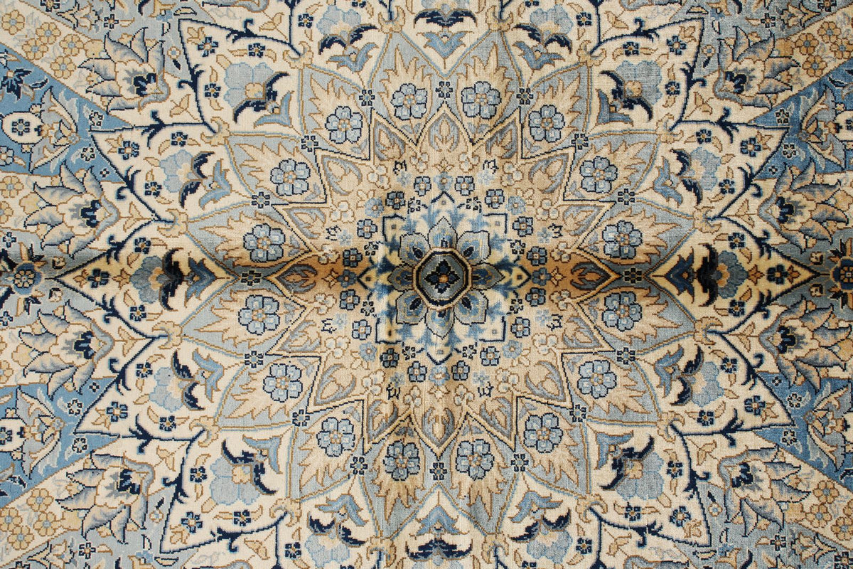 6x9 Beige and Blue Turkish Silk Rug