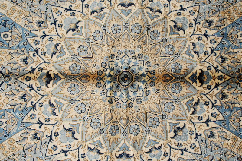 6x9 Beige and Blue Turkish Silk Rug