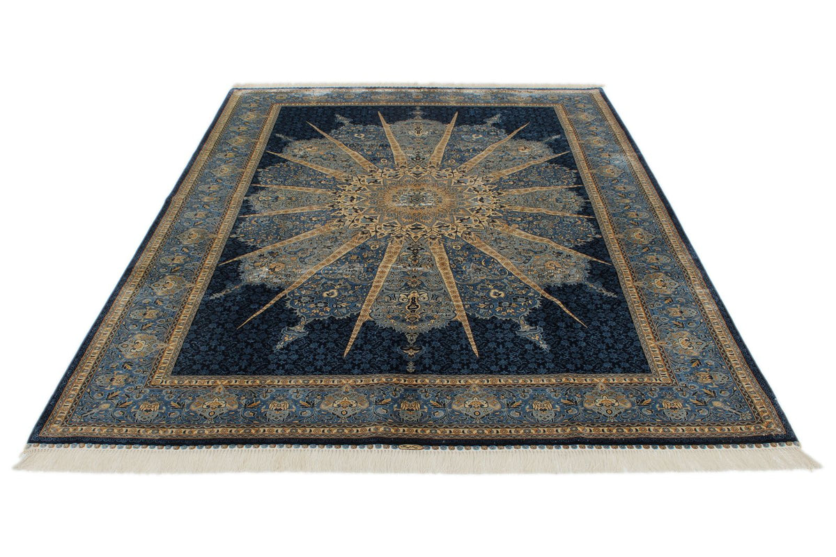6x9 Beige and Blue Turkish Silk Rug
