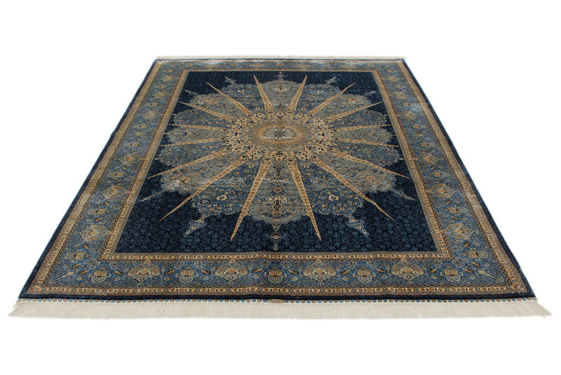 6x9 Beige and Blue Turkish Silk Rug