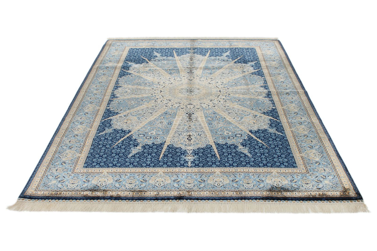 6x9 Beige and Blue Turkish Silk Rug