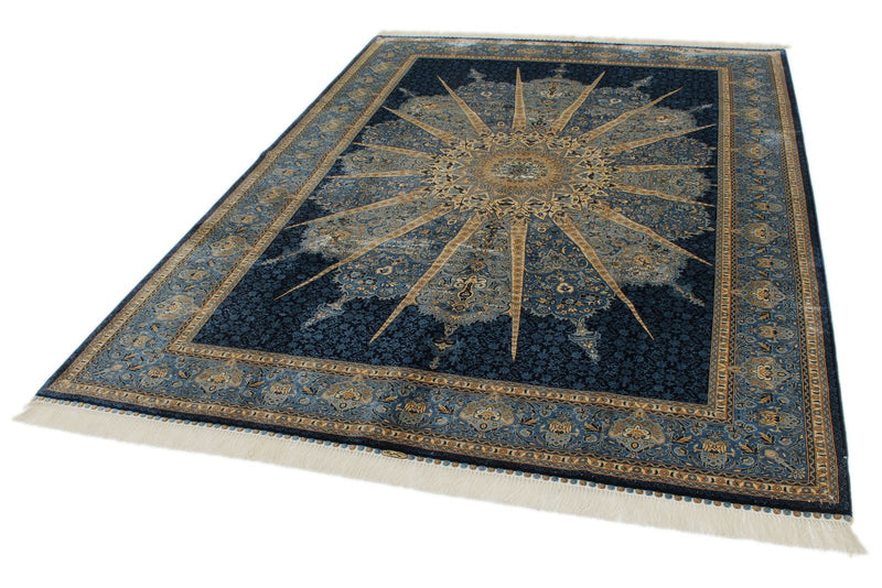6x9 Beige and Blue Turkish Silk Rug