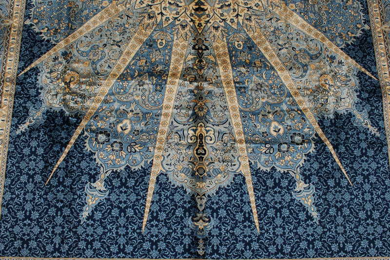 6x9 Beige and Blue Turkish Silk Rug
