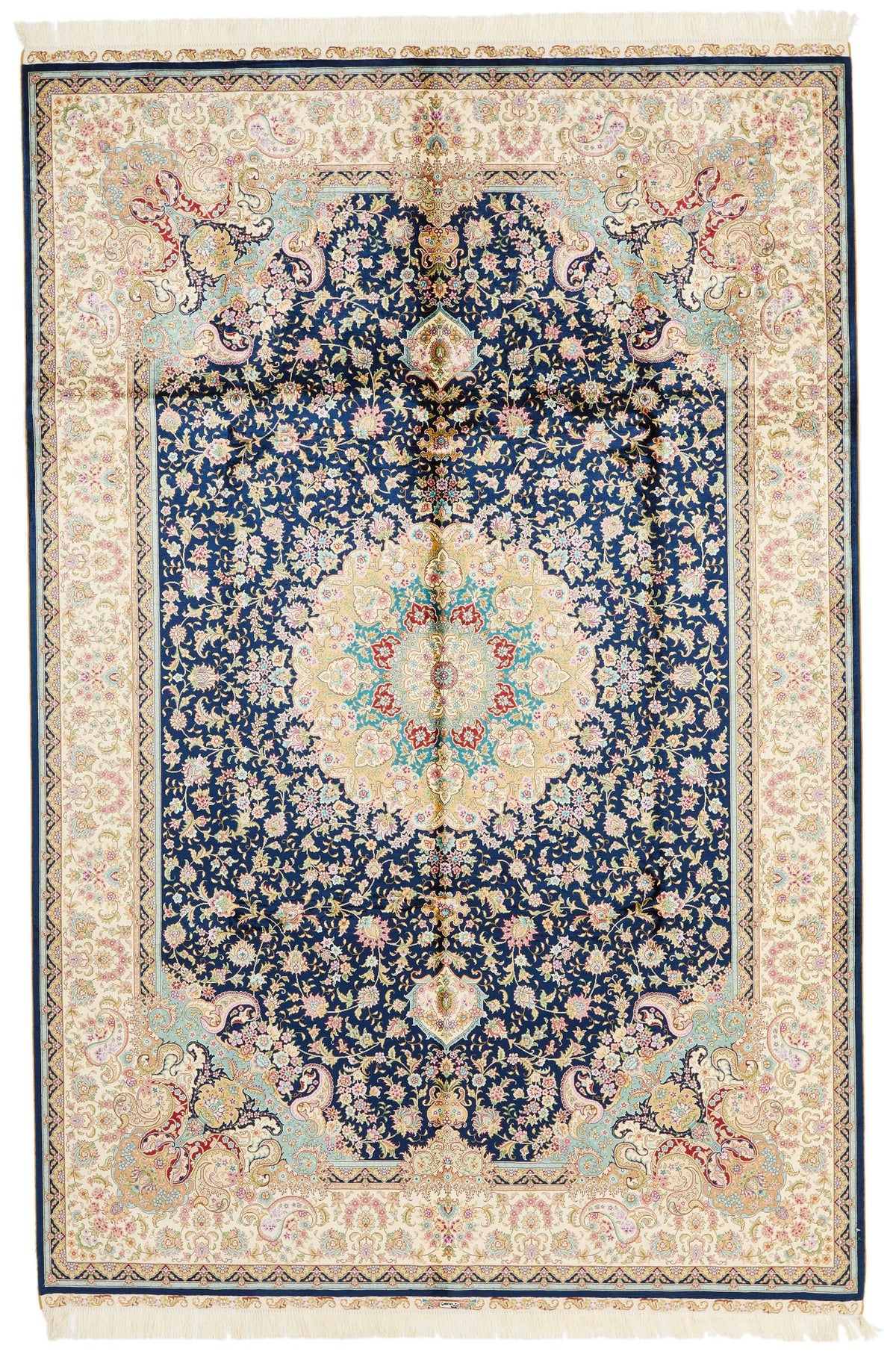6x9 Navy and Beige Turkish Silk Rug