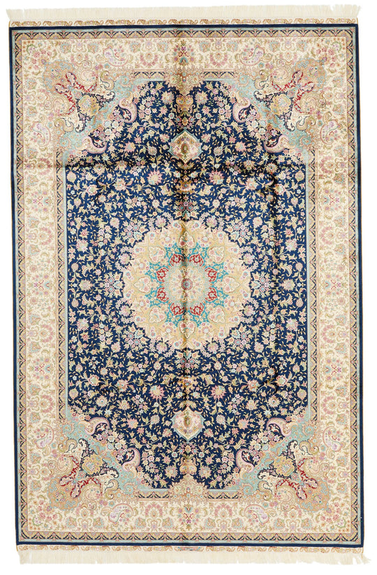 6x9 Navy and Beige Turkish Silk Rug