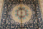 6x9 Navy and Beige Turkish Silk Rug