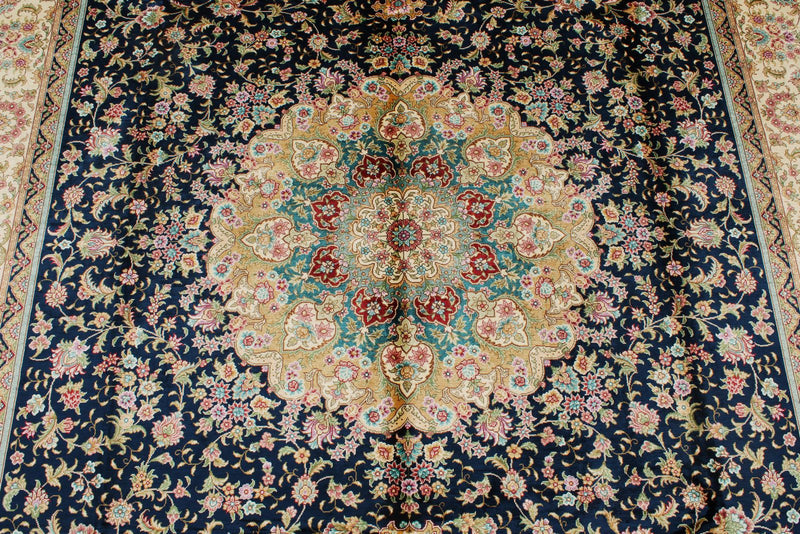 6x9 Navy and Beige Turkish Silk Rug