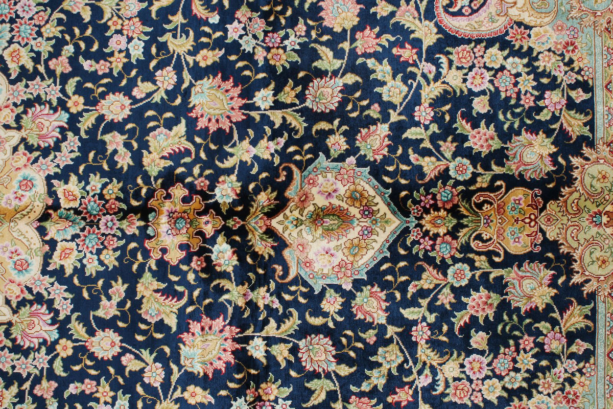 6x9 Navy and Beige Turkish Silk Rug