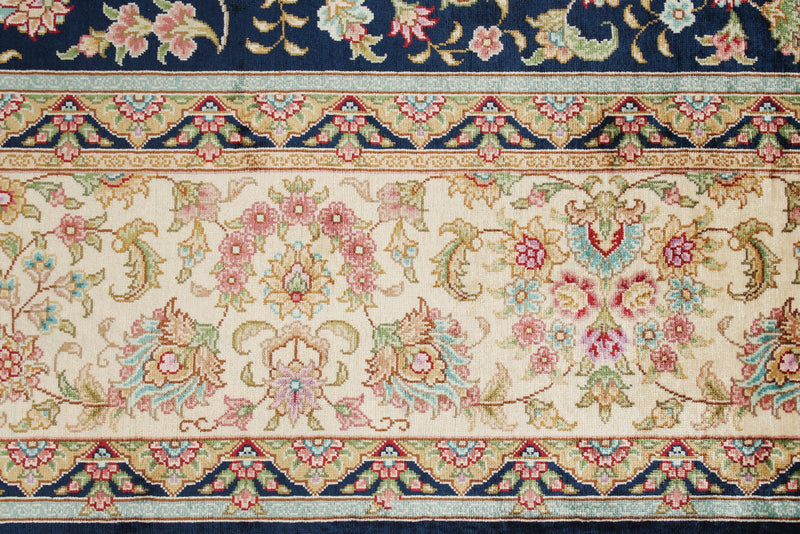 6x9 Navy and Beige Turkish Silk Rug
