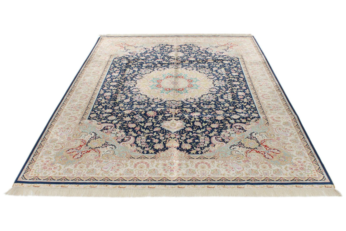 6x9 Navy and Beige Turkish Silk Rug