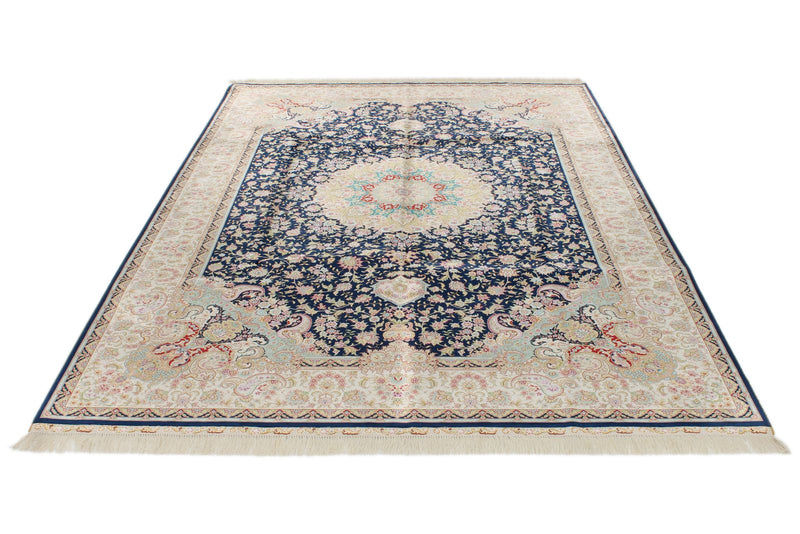 6x9 Navy and Beige Turkish Silk Rug