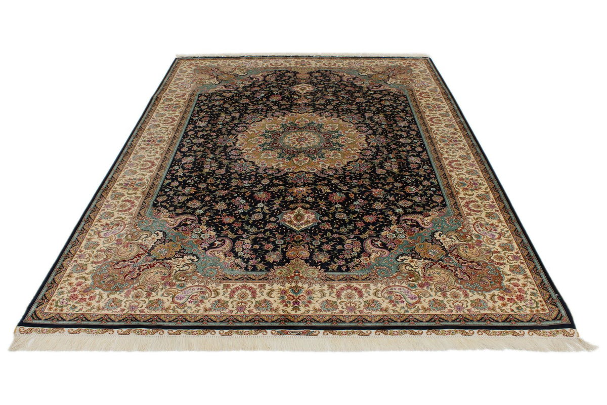 6x9 Navy and Beige Turkish Silk Rug