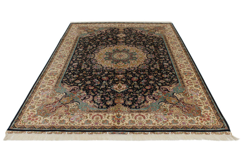 6x9 Navy and Beige Turkish Silk Rug