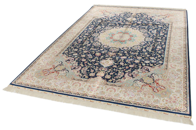 6x9 Navy and Beige Turkish Silk Rug
