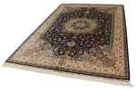 6x9 Navy and Beige Turkish Silk Rug
