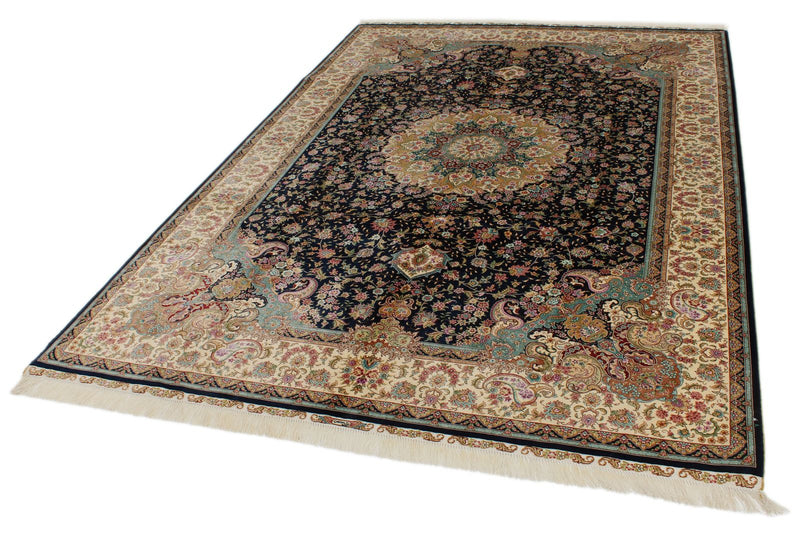 6x9 Navy and Beige Turkish Silk Rug