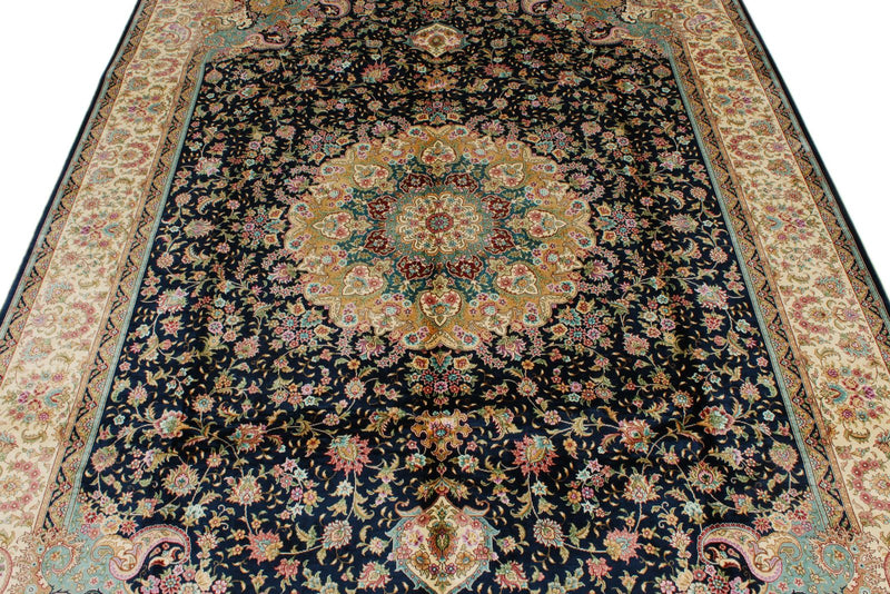 6x9 Navy and Beige Turkish Silk Rug