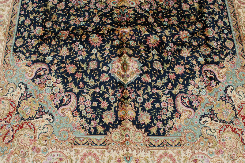 6x9 Navy and Beige Turkish Silk Rug