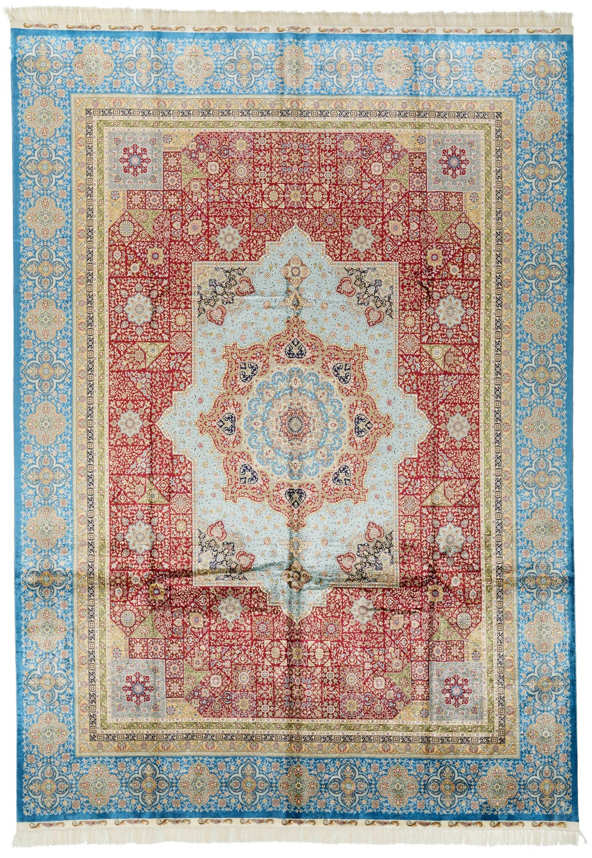 9x13 Red and Blue Turkish Silk Rug