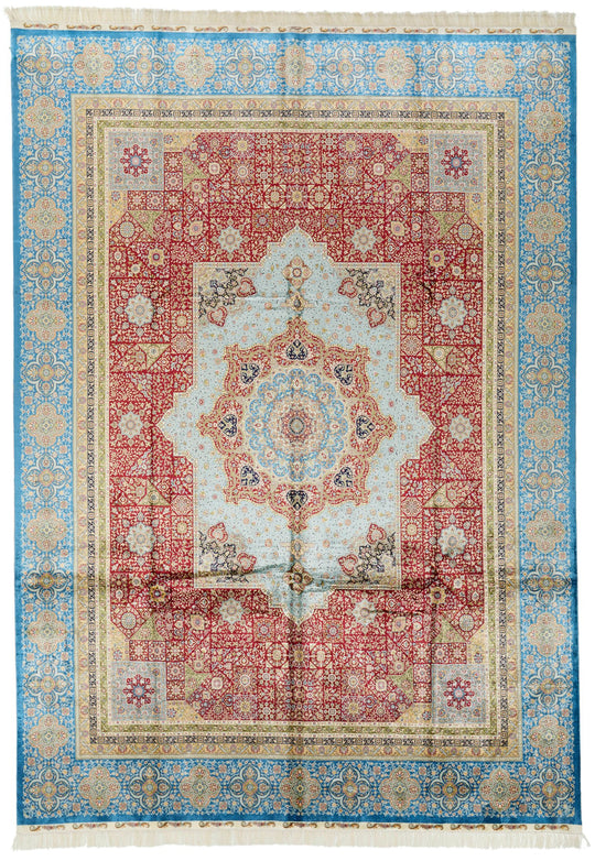 9x13 Red and Blue Turkish Silk Rug