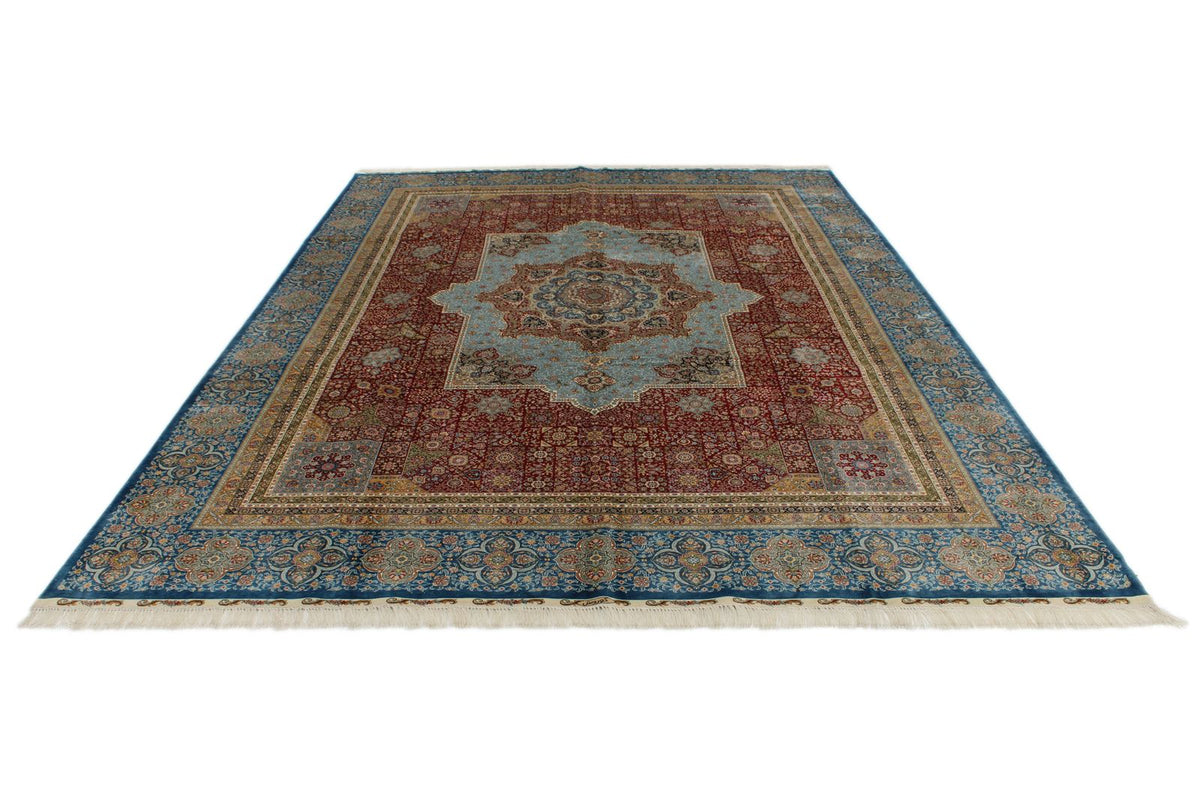 9x13 Red and Blue Turkish Silk Rug
